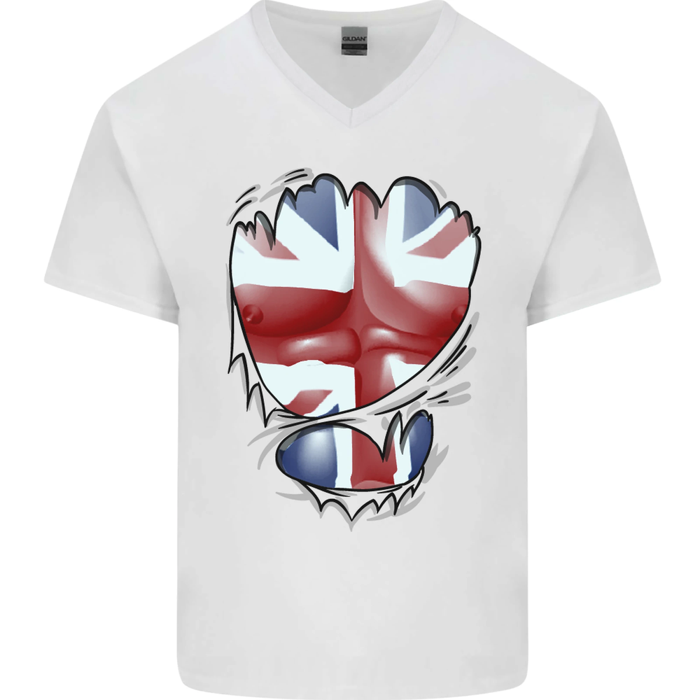 The Union Jack Flag Ripped Muscles Mens V-Neck Cotton T-Shirt
