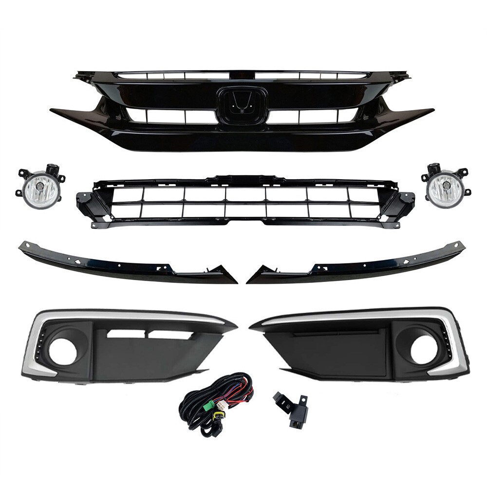 8PCS For Honda Civic Sedan 2019-21 Front Upper Lower Grille Fog Lights Kits Set