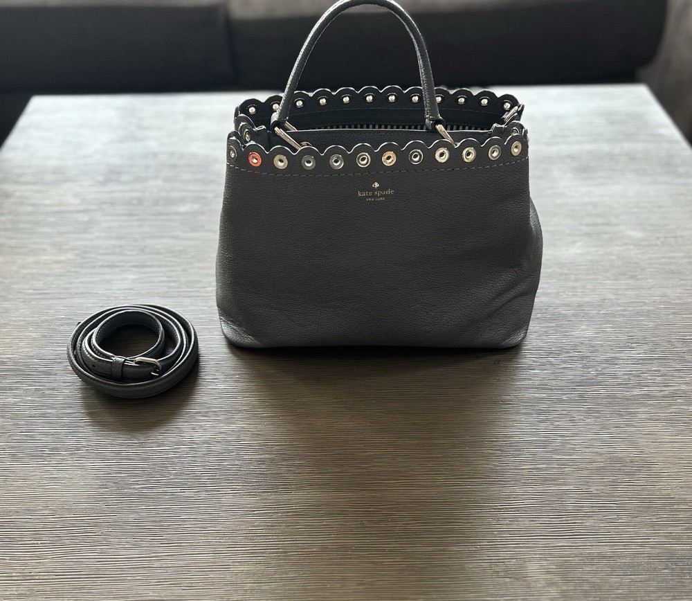 Kate Spade gray studded leather bucket bag with gold-tone accents