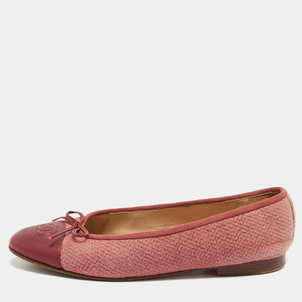 Chanel PinkBurgundy Tweed and Leather CC Cap Toe Bow Ballet Flats Size 39