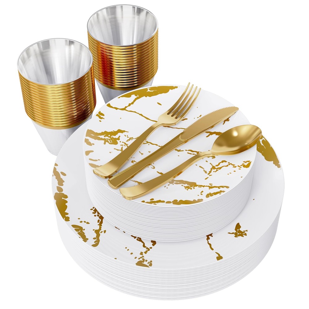 180PCS Disposable Dinnerware Set 30 Guest, 60 White and Gold Plastic Plates, ...