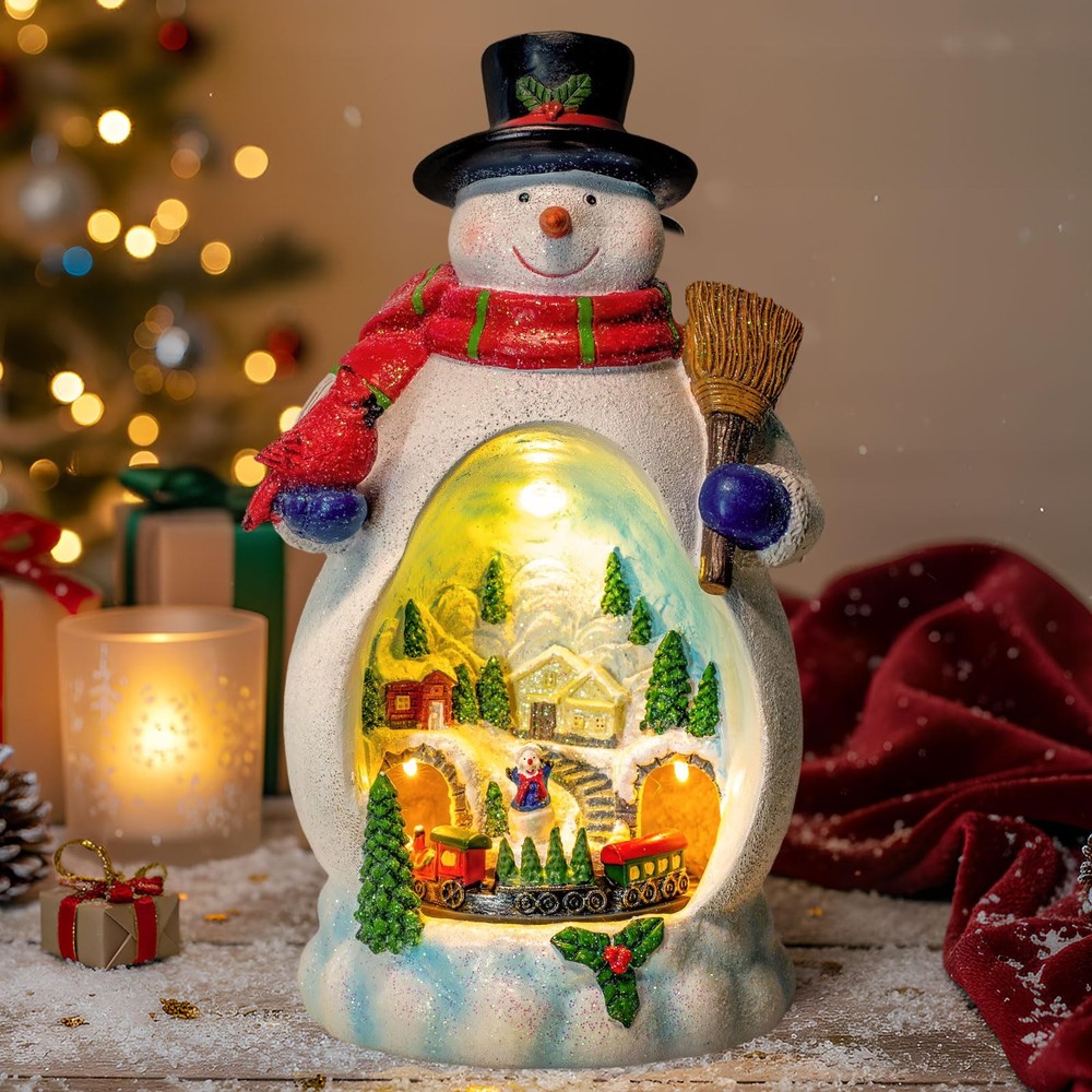 Animated Collection Figurines Musical Christmas Snowman &Cardinal Village Hou...