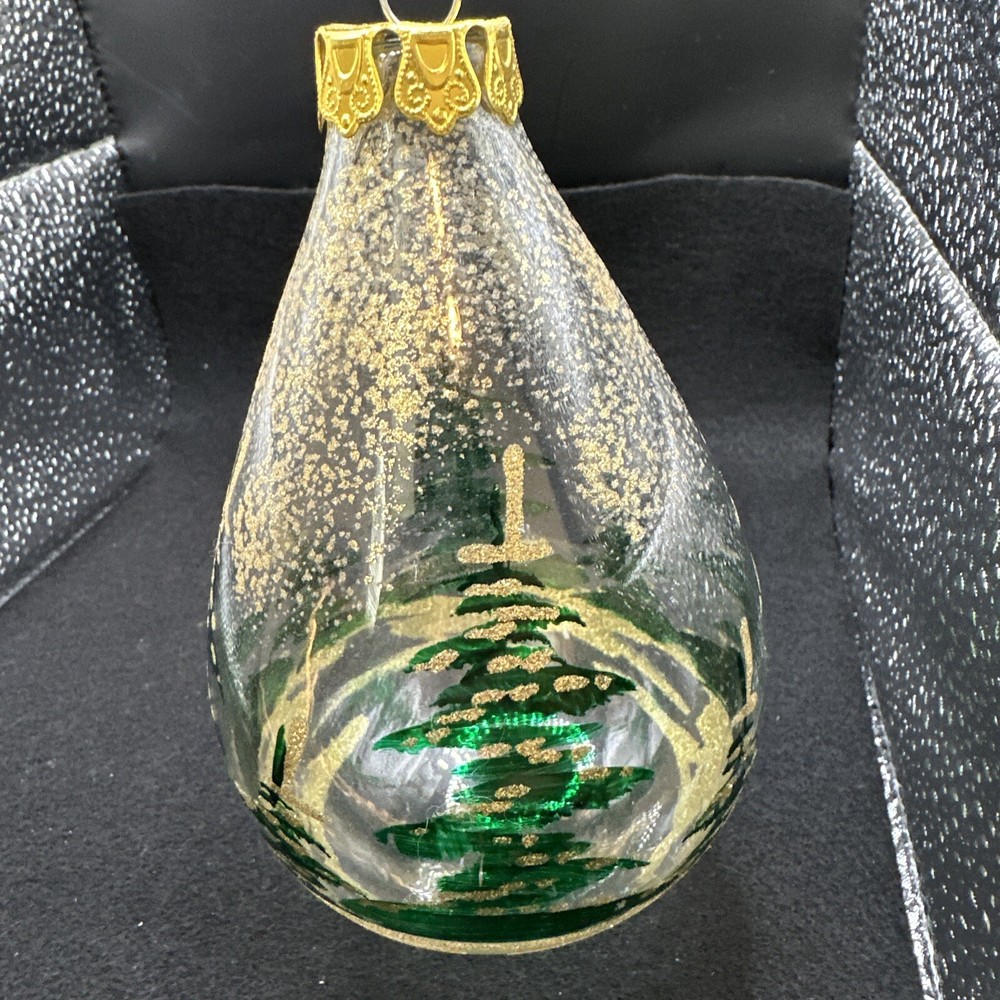 Hand Blown Teardrop Ornament Gold Glitter Christmas Tree 5 X3”