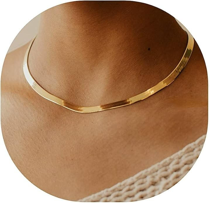 14K Gold Necklaces for Women, Dainty Gold Herringbone Choker Necklace for Women