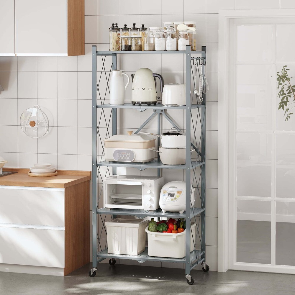 Foldable 5-Tier Metal Shelf with Wheels - Versatile Storage Rack for Garage