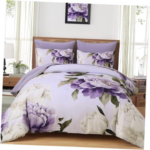 Comforter Set 7 Piece Bed in a Bag Floral Printed on Light Queen Purple