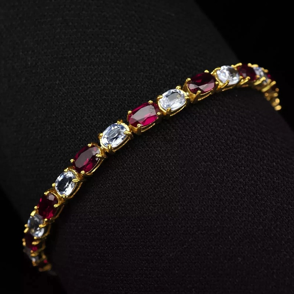 10CT Oval Cut Lab Created Ruby Diamond Tennis Bracelet 14K Yellow Gold Plated 7