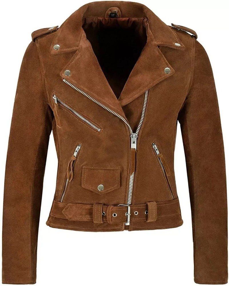 Women's Brown Suede Leather Jacket Casual Real Leather Suede Retro Biker Jacket
