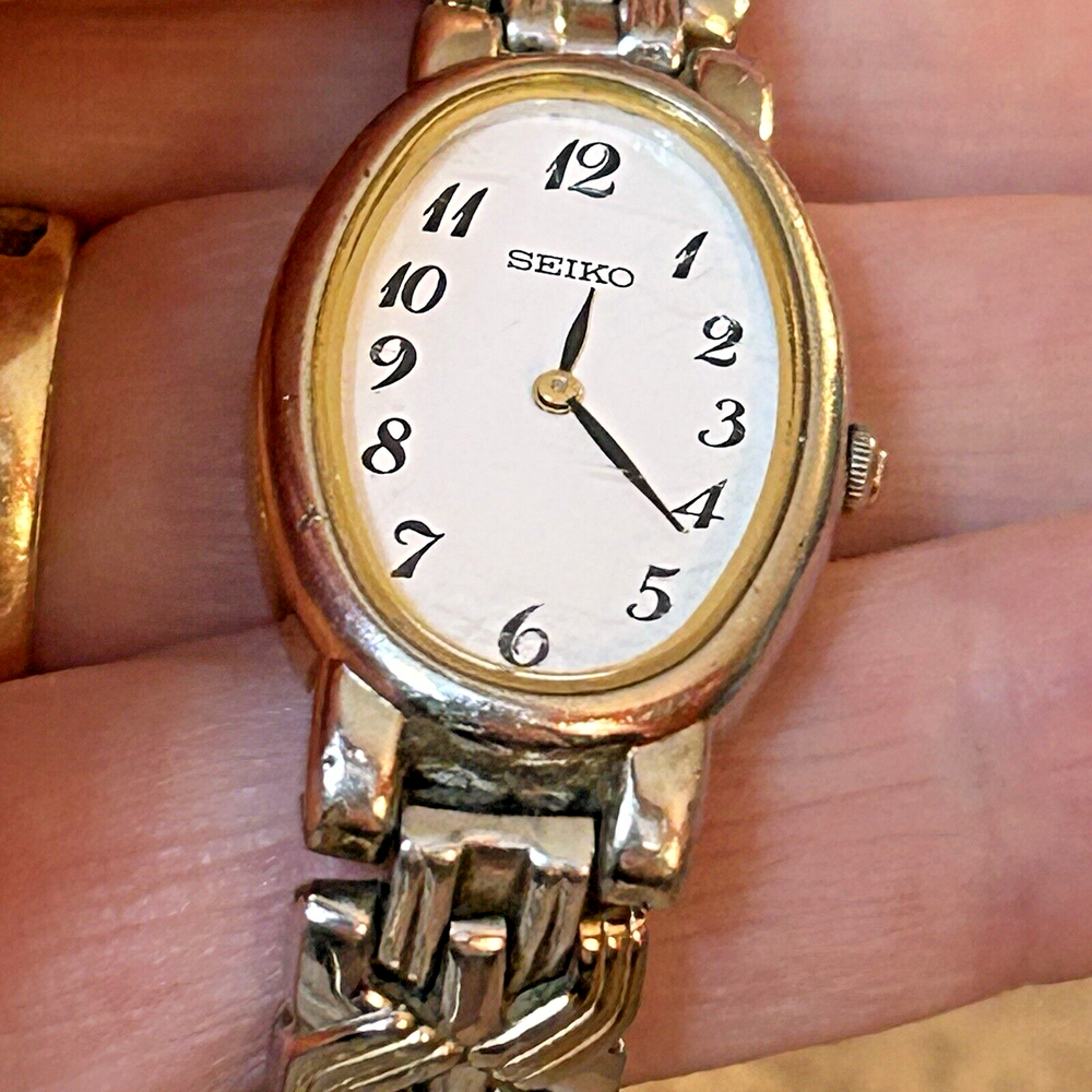 Women's Seiko Two Tone Quartz Watch 20mm Oval Face Chain Band 7.5 Inch