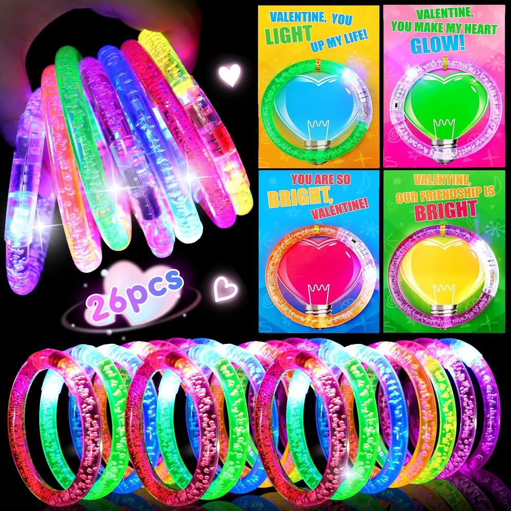 Glow in the Dark LED Bracelets and Valentine Cards for Kids - 26PCS Party Favors