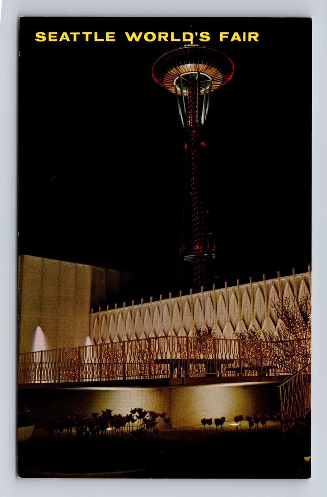 Vintage Seattle WA Space Needle at Night World's Fair Postcard
