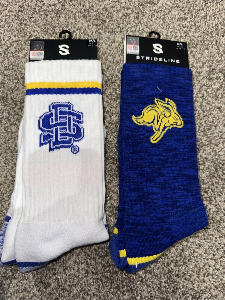 2 Pair NEW - SOUTH DAKOTA STATE  Strideline Crew Socks - Mens M/L (8-12) NCAA