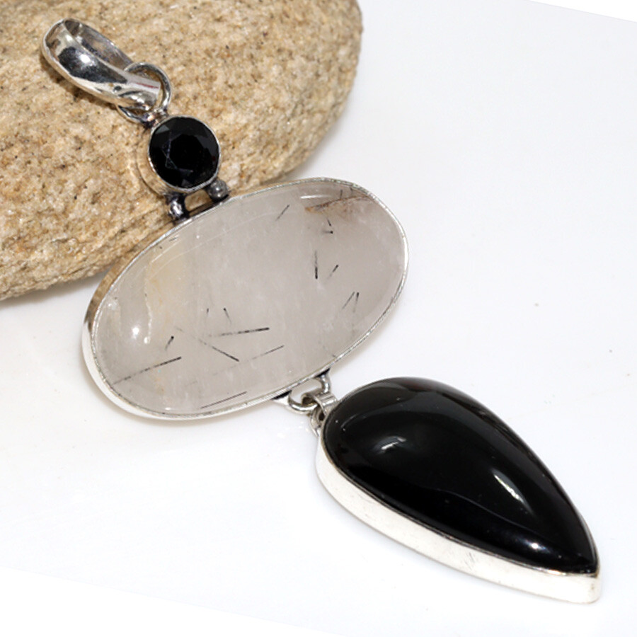 Black Onyx and Natural Black Rutile 925 Silver Plated Long 3.3