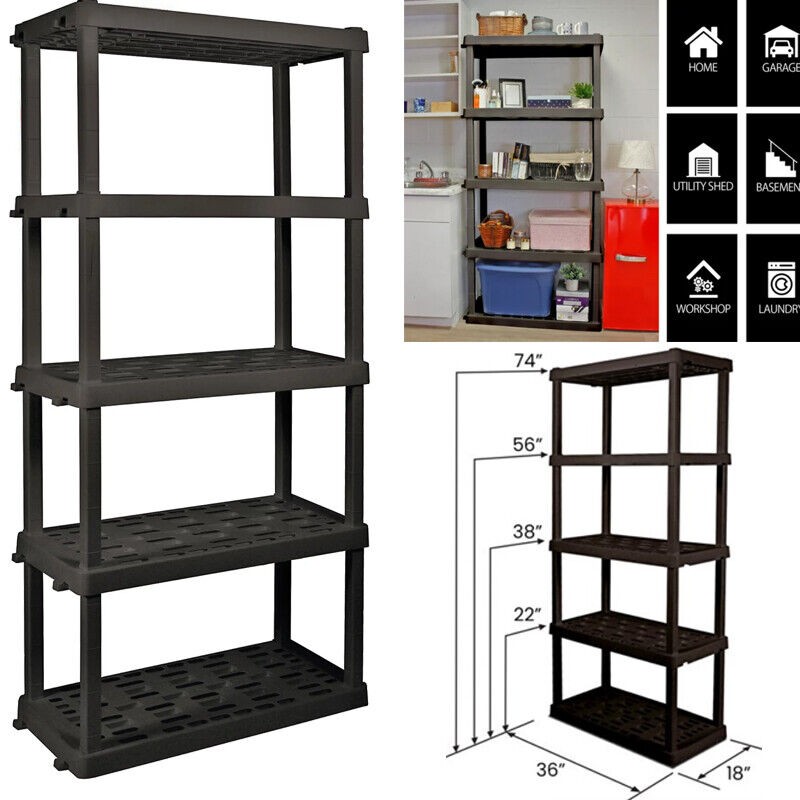 5 Shelf Plastic Garage Shelves Adjustable Storage Shelving Unit Black 750lb Rack