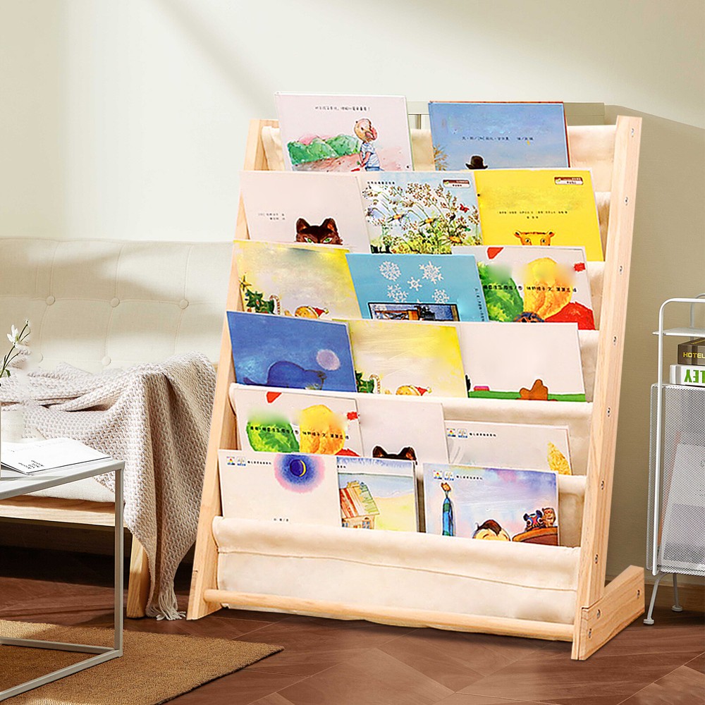 6-Tier Wooden Kids Book Rack Storage Shelf with Sling Design