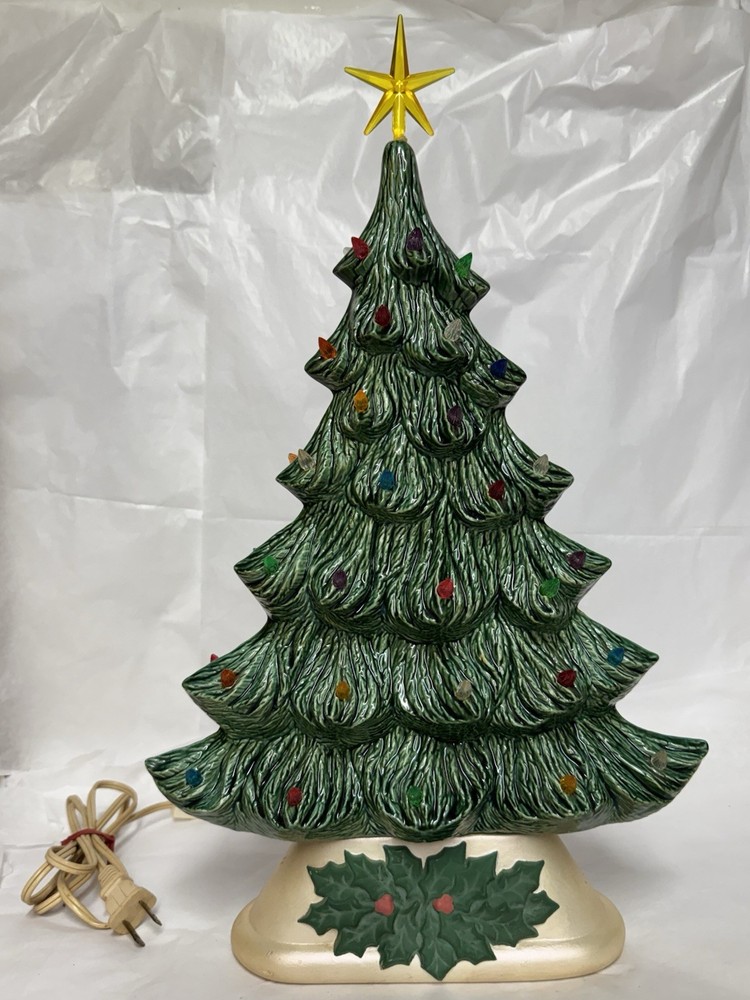 Vintage Christmas-Slim Flat Style-Green Ceramic Christmas Tree w/ Lights-18