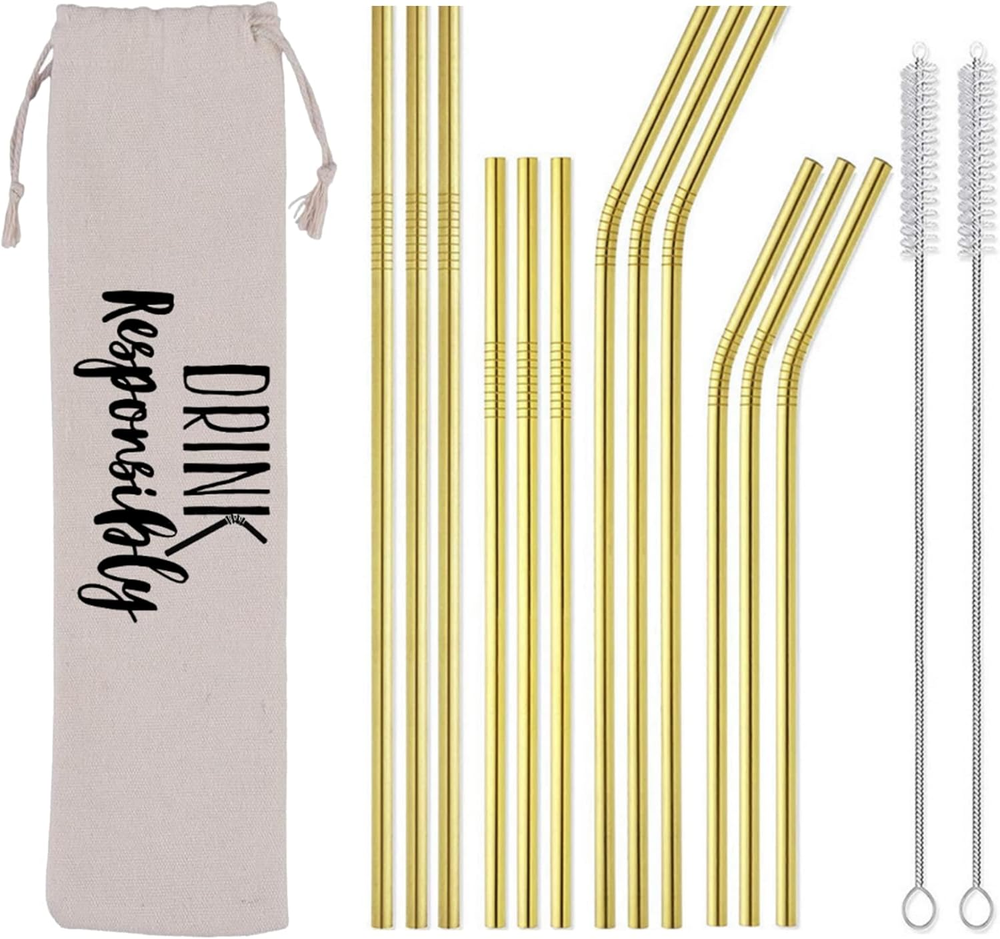 12-Pack Reusable Stainless Steel Straws in Gold and Silver for Smoothies and Drinks