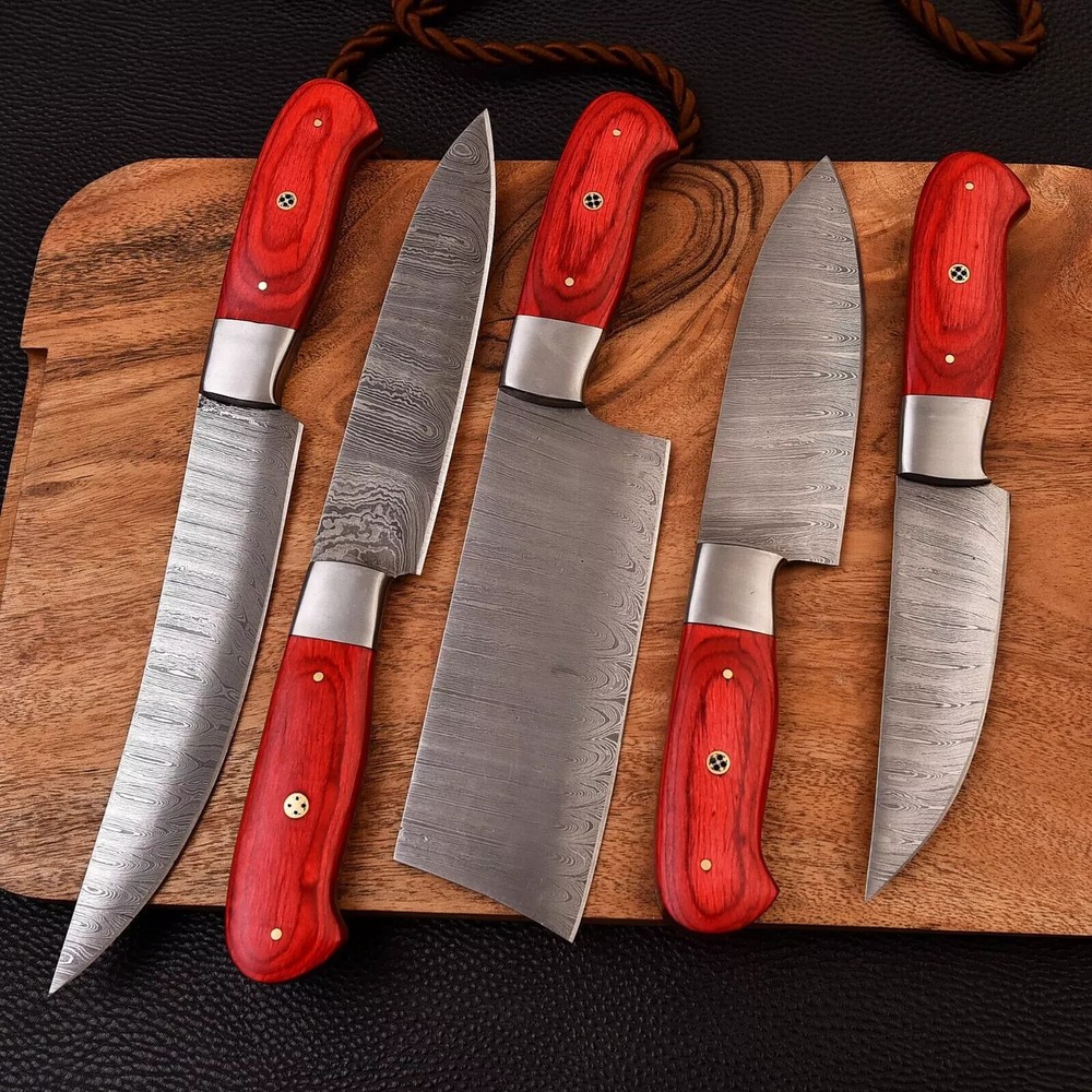 Custom Damascus Steel Chef Knives Set - 5-Piece Handcrafted Kitchen Blades