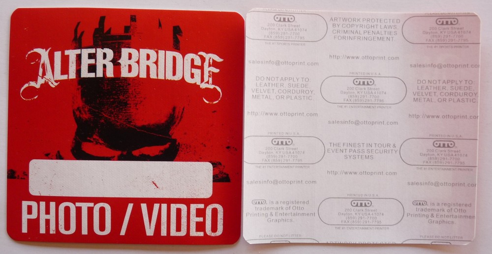 Alter Bridge Concert Tour Red Photo Video Backstage Pass D15