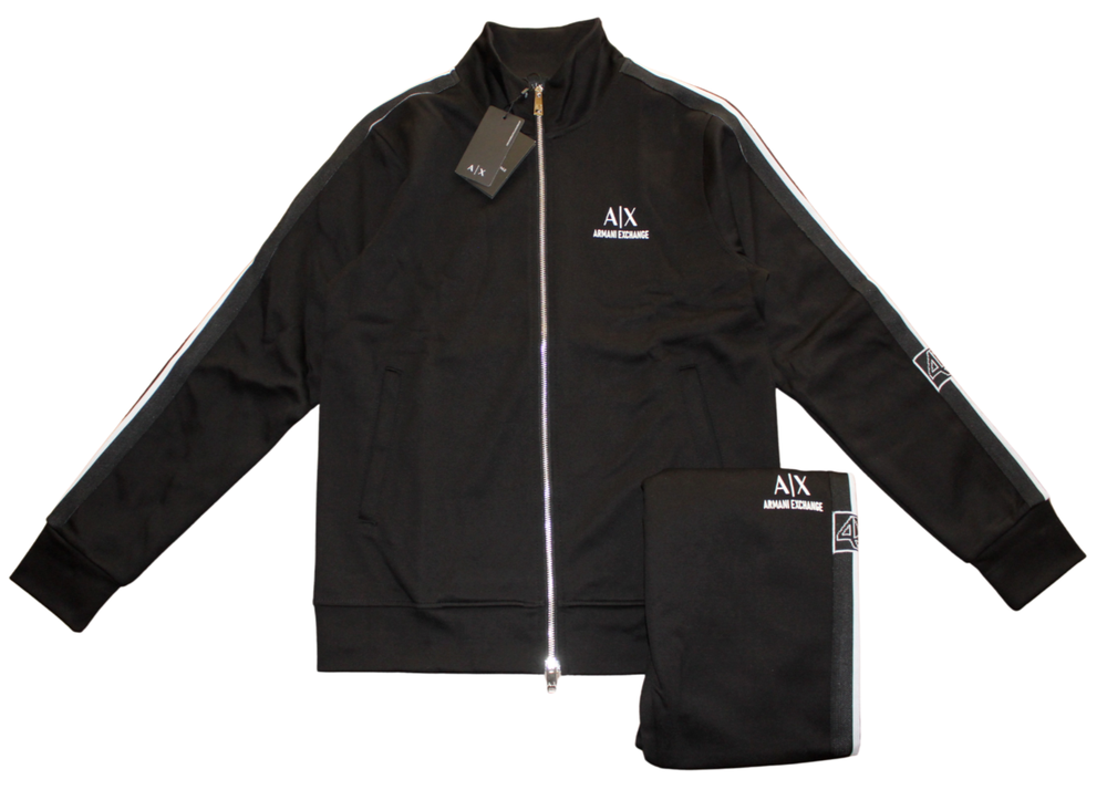 Armani Exchange Men's Black & White Striped Tracksuit Set with AX Logo Relief