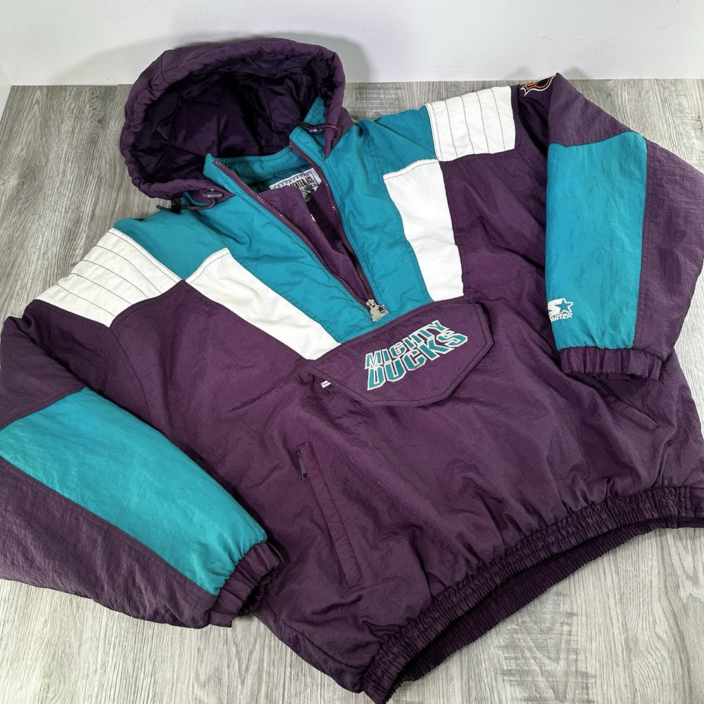 Vintage 90s Mighty Ducks Starter Puffer Jacket Hooded Half Zip XL
