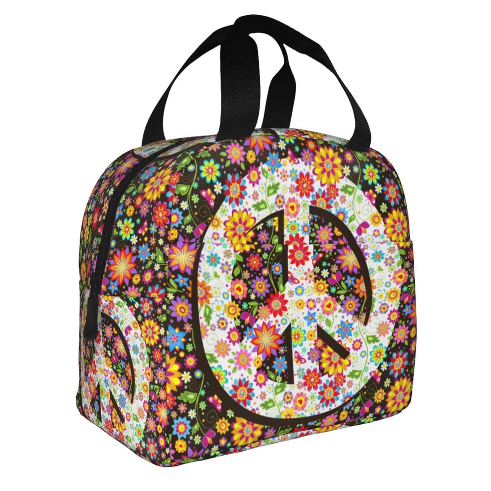 Hippie Flowers Fashion Peace Insulated Lunch Bag For Women Men Reusable Lunch...