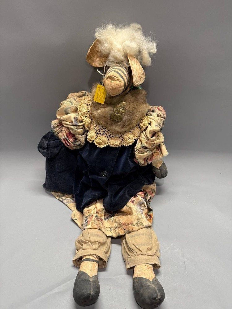 Large Handmade Folk Art Doll Sheep OOAK Vintage Style Textile Doll Fur Jewelry
