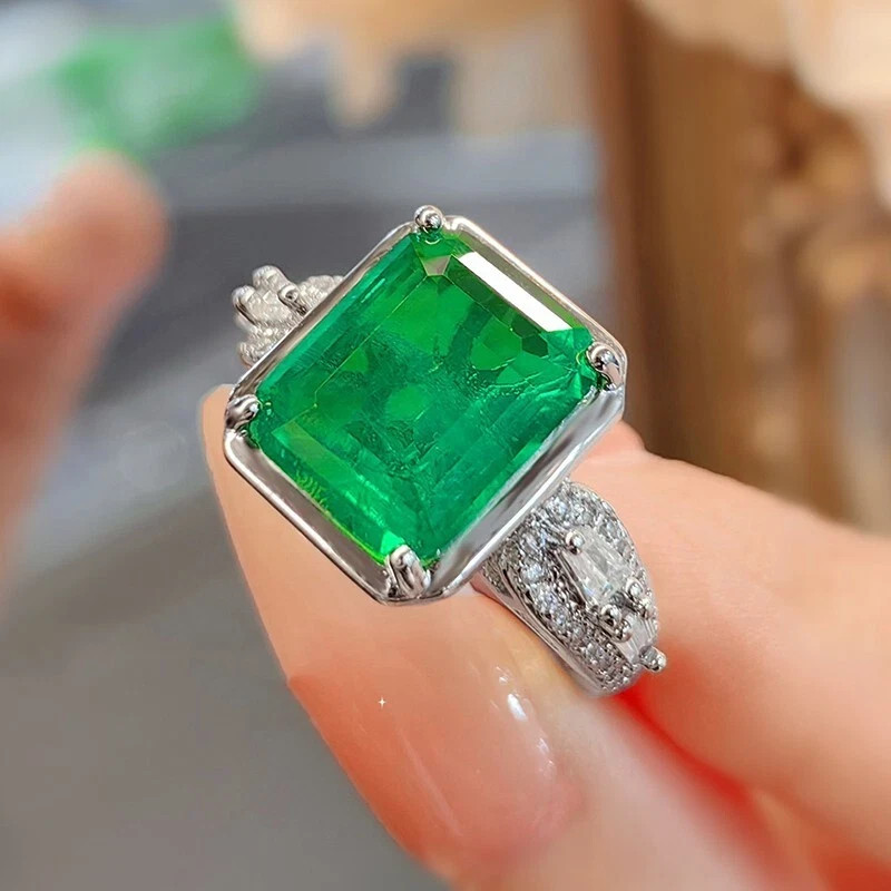 4.80Ct Emerald Cut Natural Emerald & Diamond 14K White Gold Engagement Ring