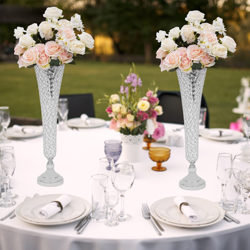 2 Pc Modern Crystal Trumpet Flower Silver Stand Crystal Vase For Wedding Decor