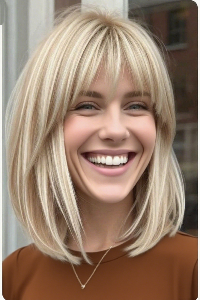 Highlight Blonde Wig With Bangs 100% Human Hair 13x4 Lace Front Wig for Women