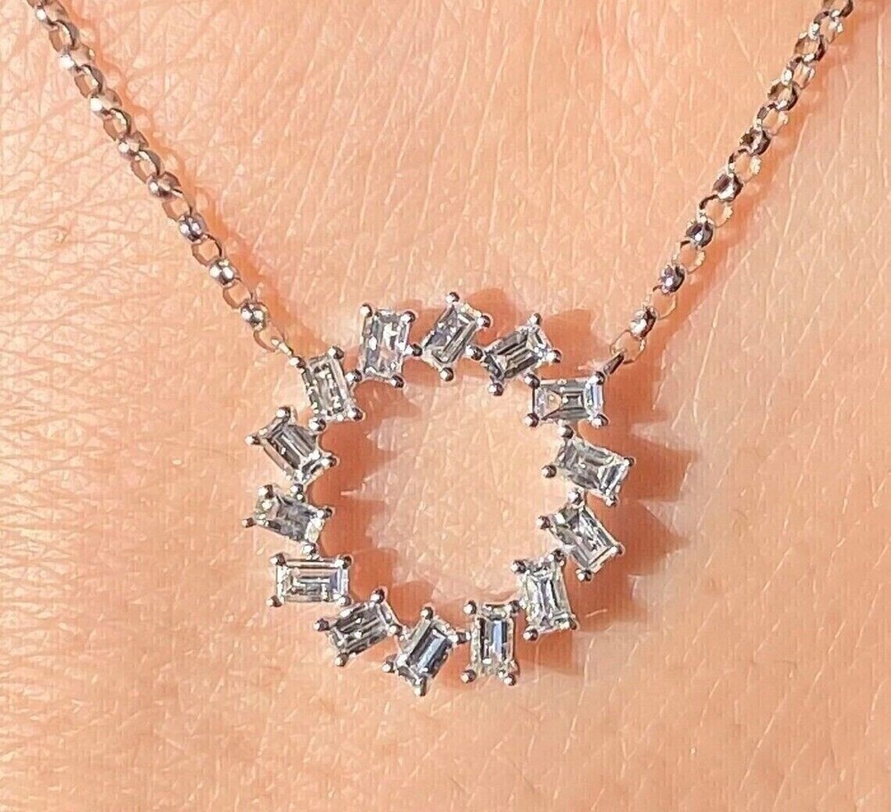 Baguette Cut Simulated Diamond Circle Pendant in 14k White Gold Plated for Women