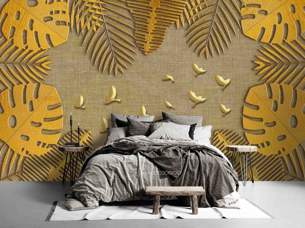 3D Gold Leaves Bird Wall Murals Wallpaper Murals Wall Sticker