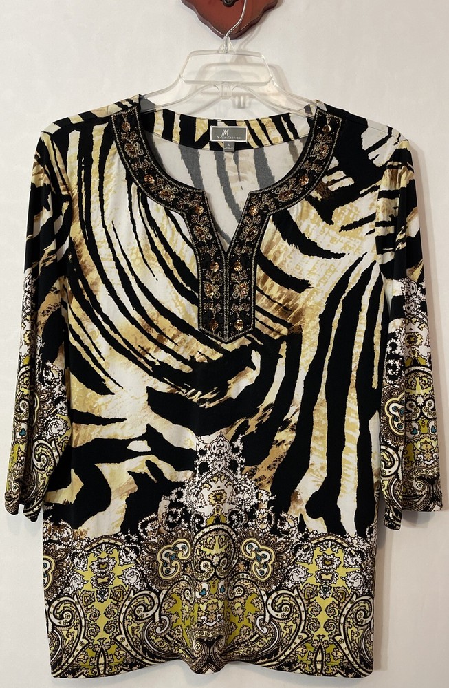 JM Collection Womens Large Brown Animal Print Vneck Tunic Stretch Blouse! A6741
