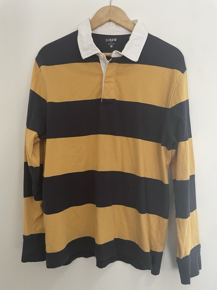 J. Crew Men's Striped 100% Cotton Rugby Polo Long Sleeve Shirt Yellow Navy M