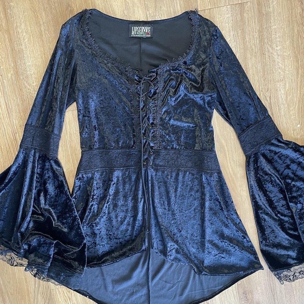 Vintage Lip Service Black Velvet Gothic Lace Up Bell Sleeve Tunic Blouse