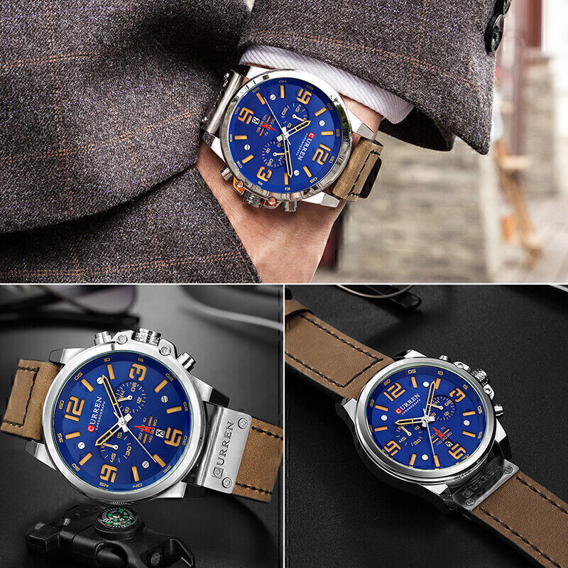 Men's Sports Waterproof Quartz Watch Six-hands Calendar Leather Band Wristwatch