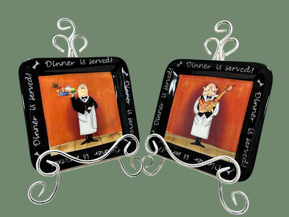 (2) Dinner Is Served 8.5” Salad Plate Square Chef Waiter Bistro By Certified int