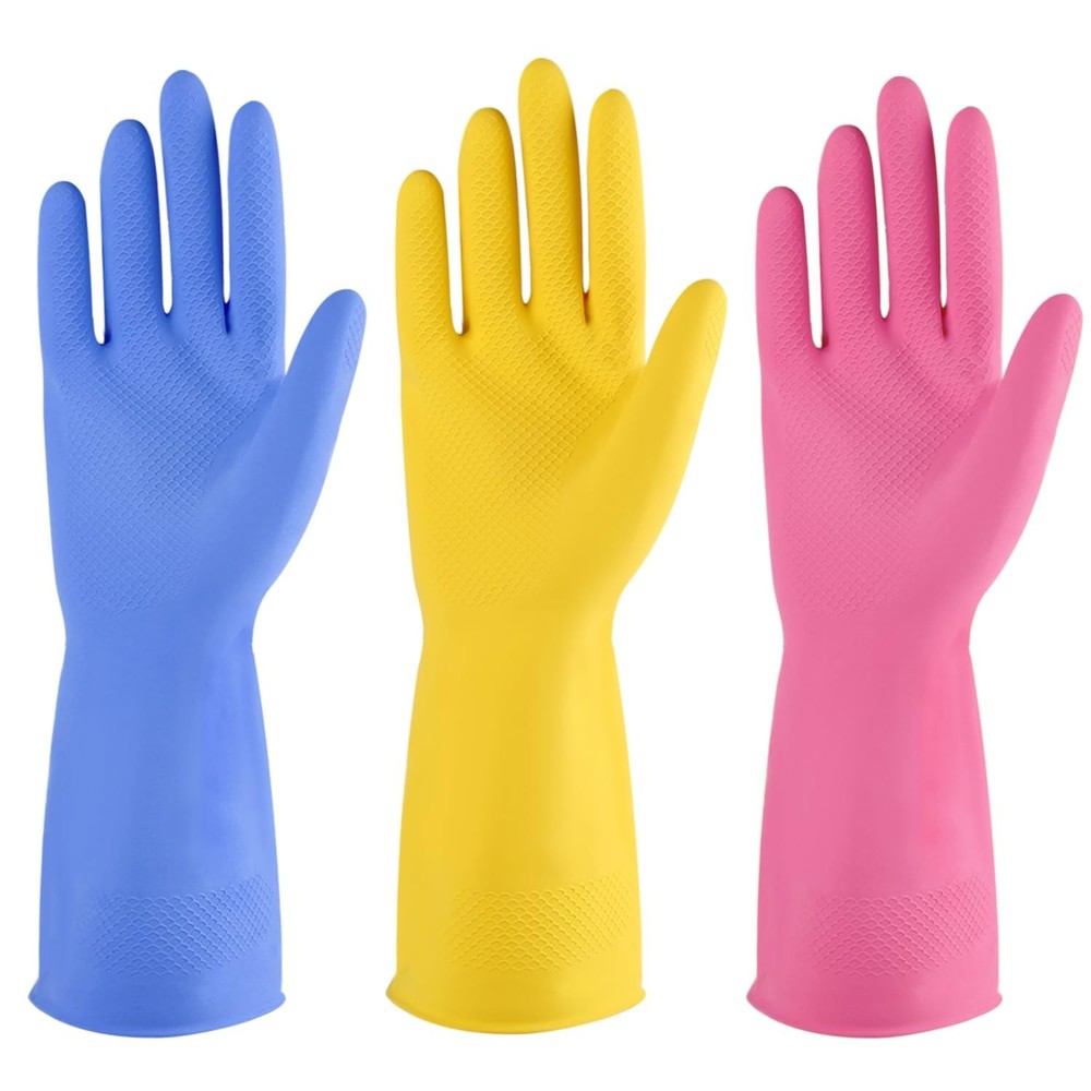 Rubber cleaning gloves multicolor 3 pairs reusable for dishwashing and household chores