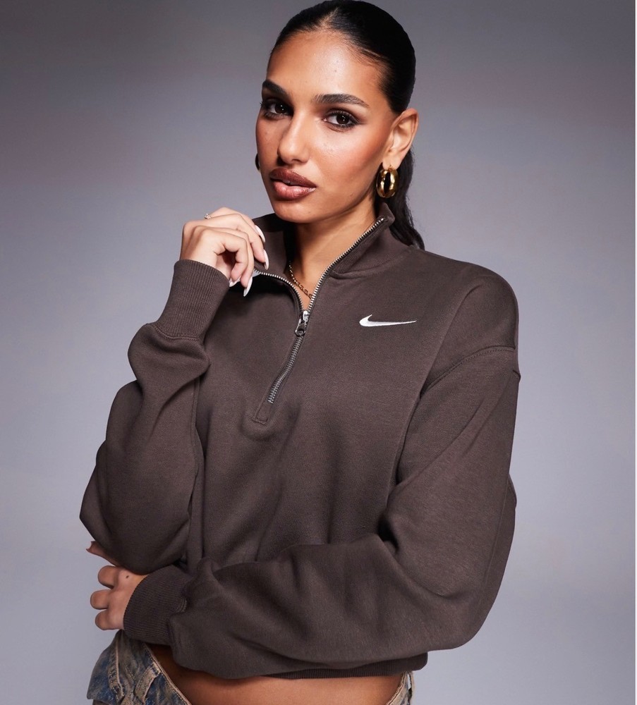 NIKE Phoenix Crop Sweatshirt Sz XS Brown White Embroidered Fleece Lined Half Zip