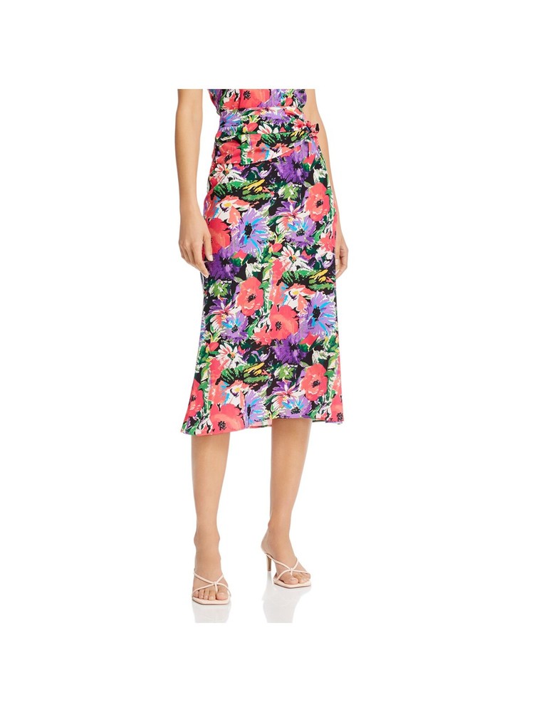 Black Gathered Tie Floral Midi A-Line Party Skirt for Women - XS