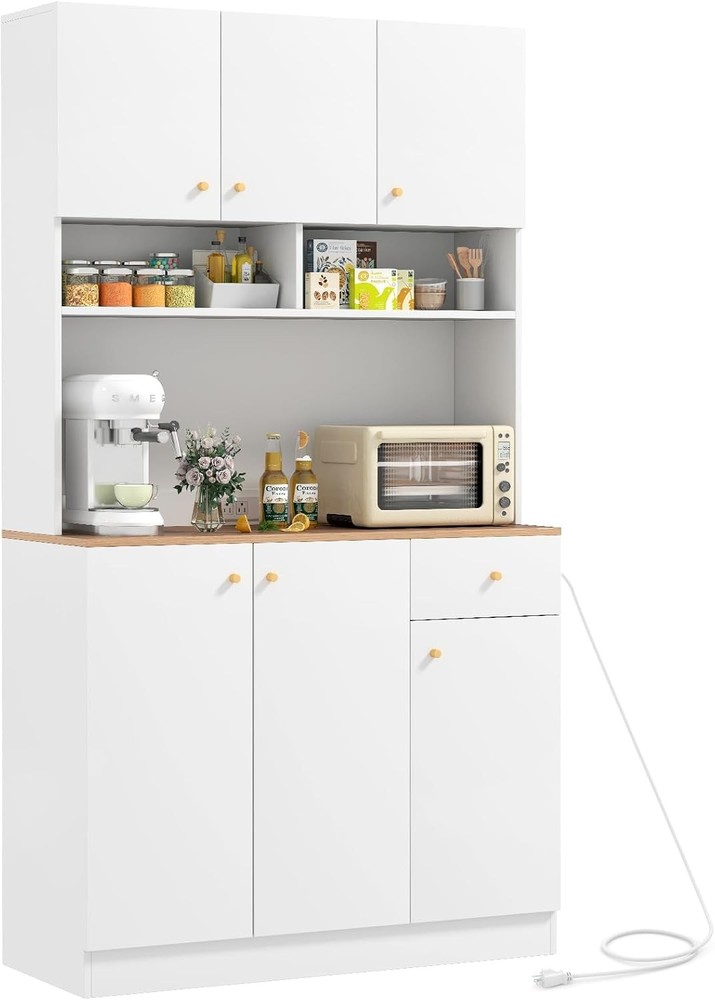 Tall Kitchen Hutch with Countertop, Power Outlet & Adjustable Shelves