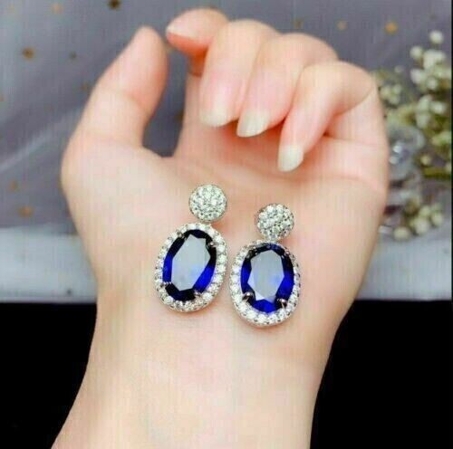 2Ct Oval Cut Simulated Sapphire Stunning Halo Drop Earring 14K White Gold Plated