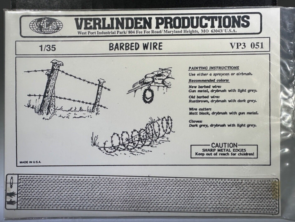 NIP Vintage Verlinden Productions VP3 051 Metal Barbed Wire Kit HO Scale