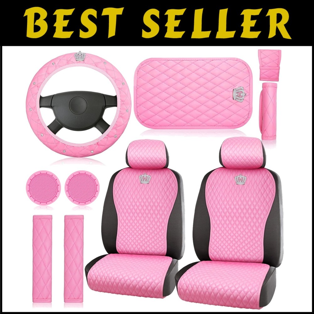 Elegant 14-Piece Pink Rhinestone Car Accessory Set with Steering Wheel Cover