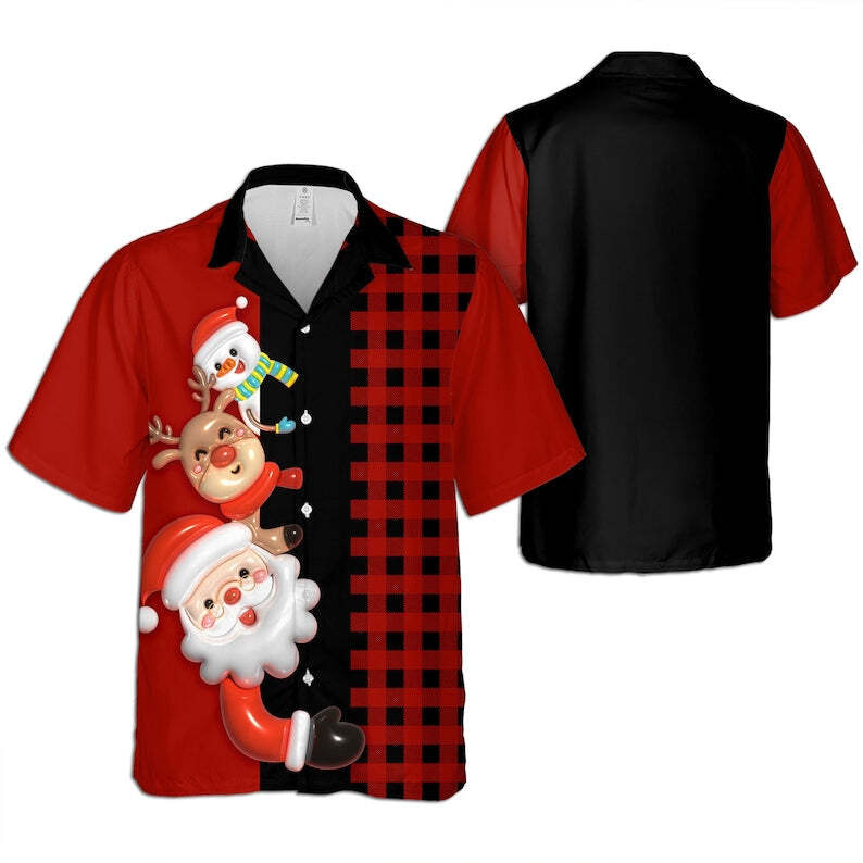 Santa Snowman Red and Black Tropical Pattern Hawaiian Shirt for Holiday Fun and Festive Style