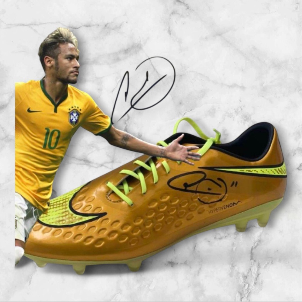 Neymar Autographed Hypervenom Soccer Cleats Gold Model US Size 9