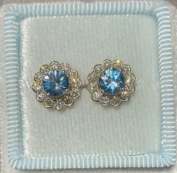 3.90Ct Round Topaz Diamond Stud Earrings in 14K Yellow Gold Finish