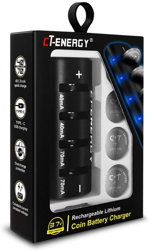 High Capacity LIR2032 Rechargeable Battery Charger with 4Pcs 3.7V 70mAh Button Batteries