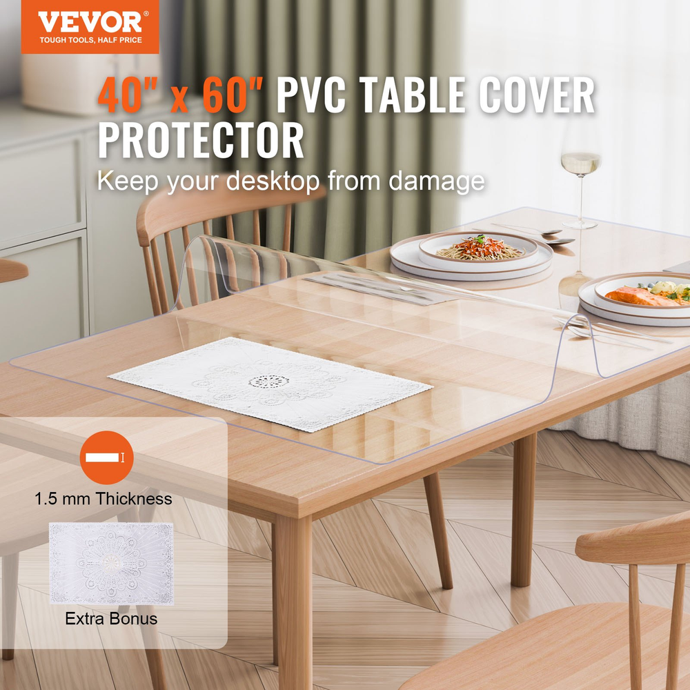 VEVOR PVC Table Protector 40x60 Inch - Clear Plastic Desk Protector, 1.5mm Thick
