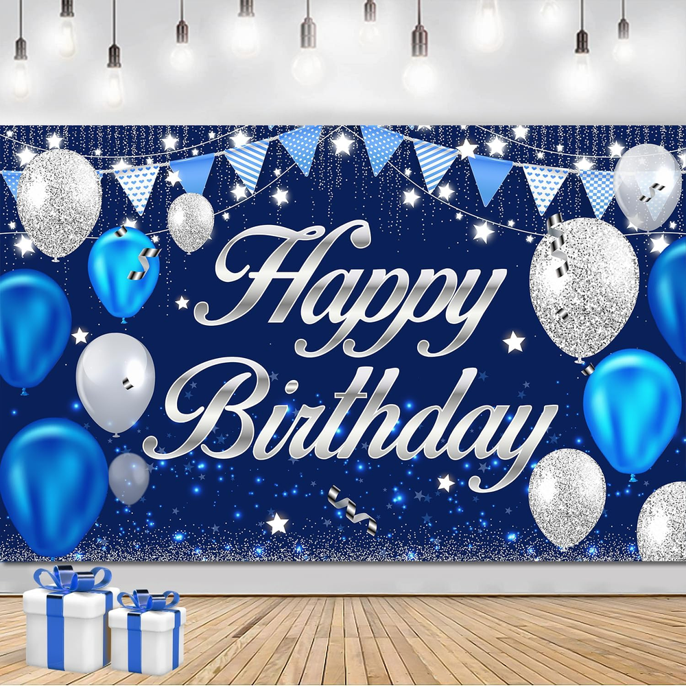 Happy Birthday Banner - Blue Sliver Birthday Party Banners Welcome Signs for Ind